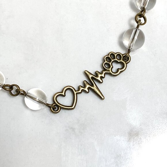 Genuine Clear Quartz Short Necklace,Bronze Paw Print Heart Beat Natural Gemstone - Picture 5 of 16